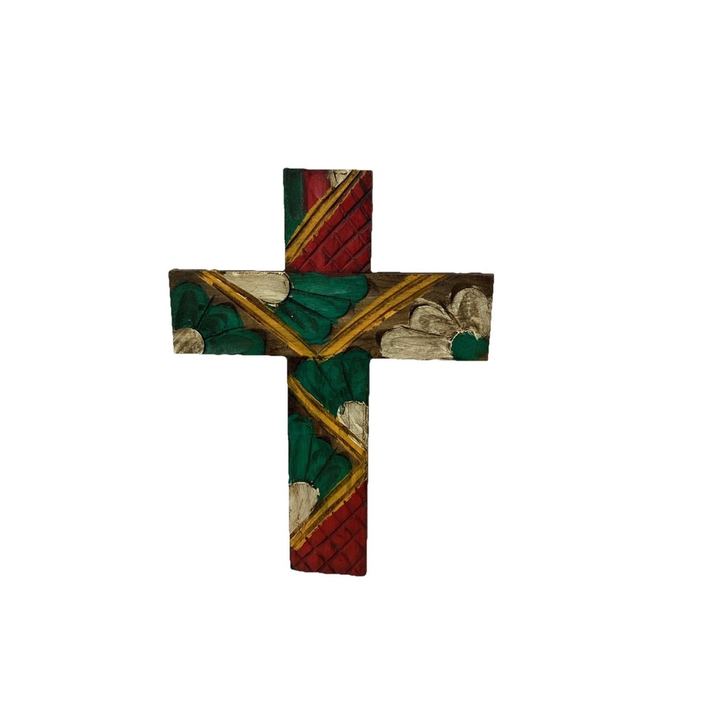 Vintage Rustic Wood Hand Carved Painted Cross Mexican Folk Art Home Decor 8"